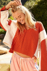 POL Cable Knit Quilting Patch V-Neck Contrast Sweater OutfitFlow